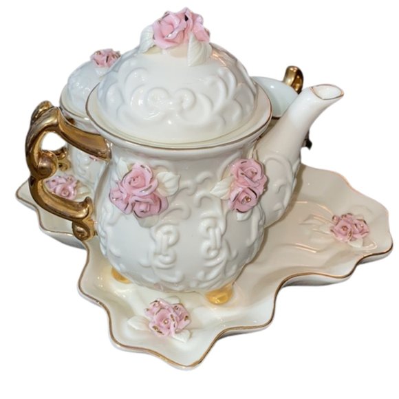 Vintage Handmade Porcelain Tea Set Pink Roses and 10K Gold Trim - Picture 7 of 16